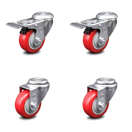 Service Caster 3.5 Inch Red Polyurethane Swivel Bolt Hole Caster Set with 2 Total Lock Brake SCC-BHTTL20S3514-PPUB-RED-2-S-2